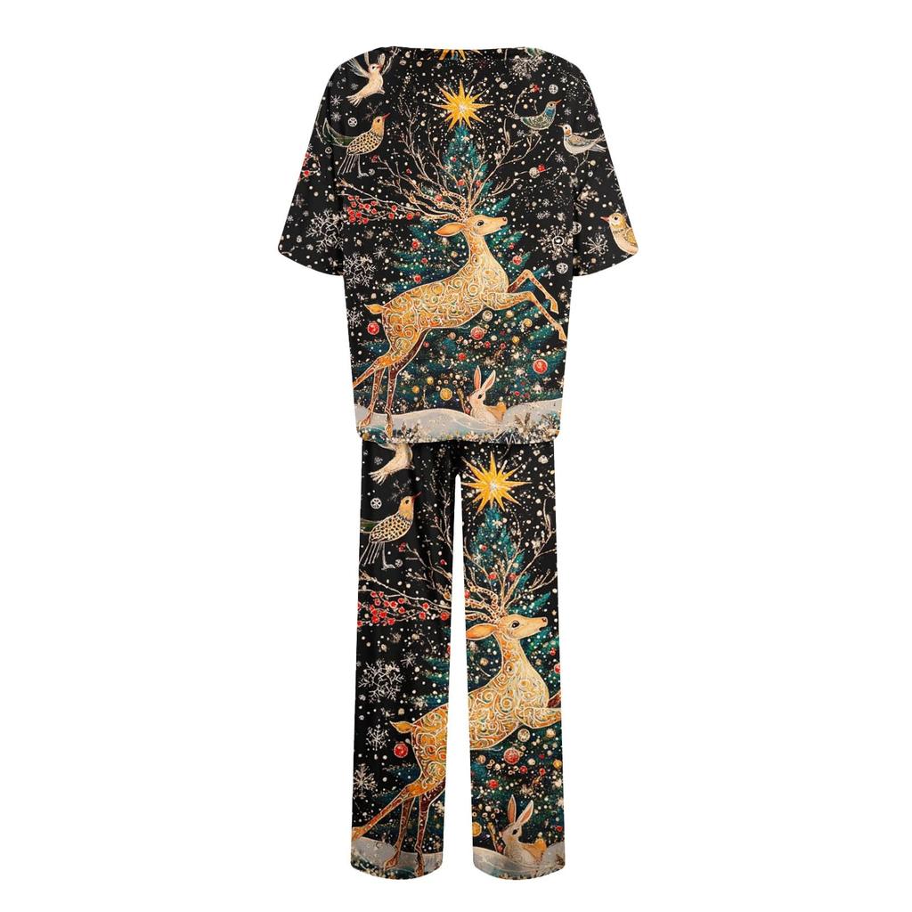 Женский шелковый атласный пижамный комплект с рождественским принтом, рубашка с коротким рукавом и длинные пижамные штаны, мягкая домашняя одежда