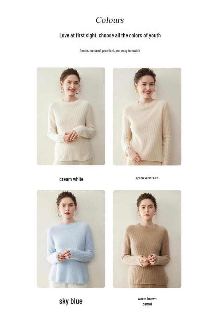 Women's Ribbed Cashmere Crew Neck Pullover Sweater with Long Sleeves