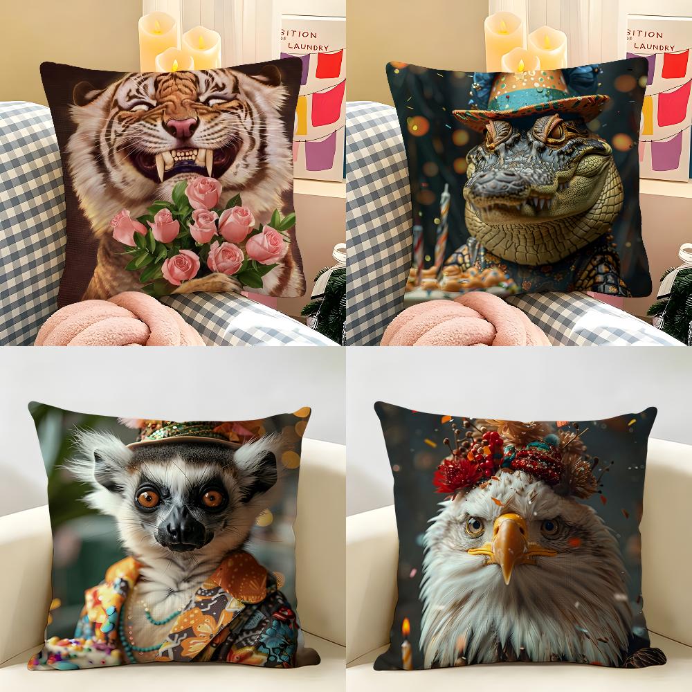 Cute Animal Friends Birthday Gift Cushion Cover Natural Linen Organic Fabric DoubleSided Printing Room Sofa Decor Pillow Case