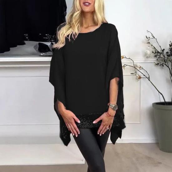 Женские топы с пайетками и нерегулярным дизайном, свободные шаль-пуловеры, топы с круглым вырезом и рукавами «летучая мышь»