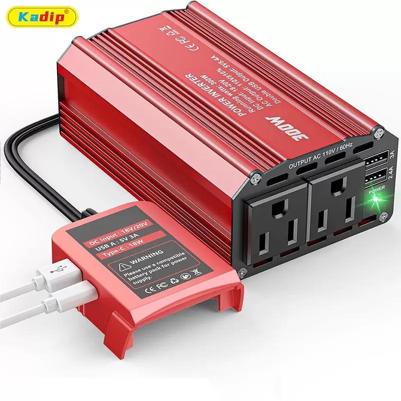 DC 18V 110V US Standard Socket Single Phase Modified Sine Wave Automotive Inverter 300W Rated/600W Peak 2 USB 5V Charging Ports