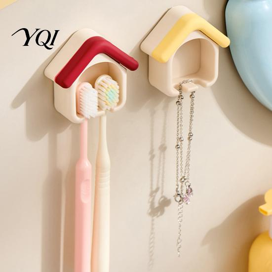 Soft Card Slot Toothbrush Holder Cartoon House Holder, Wall Mounted Bathroom Organizer, Suspended Cute Storage Drainage Drying Rack for Electric