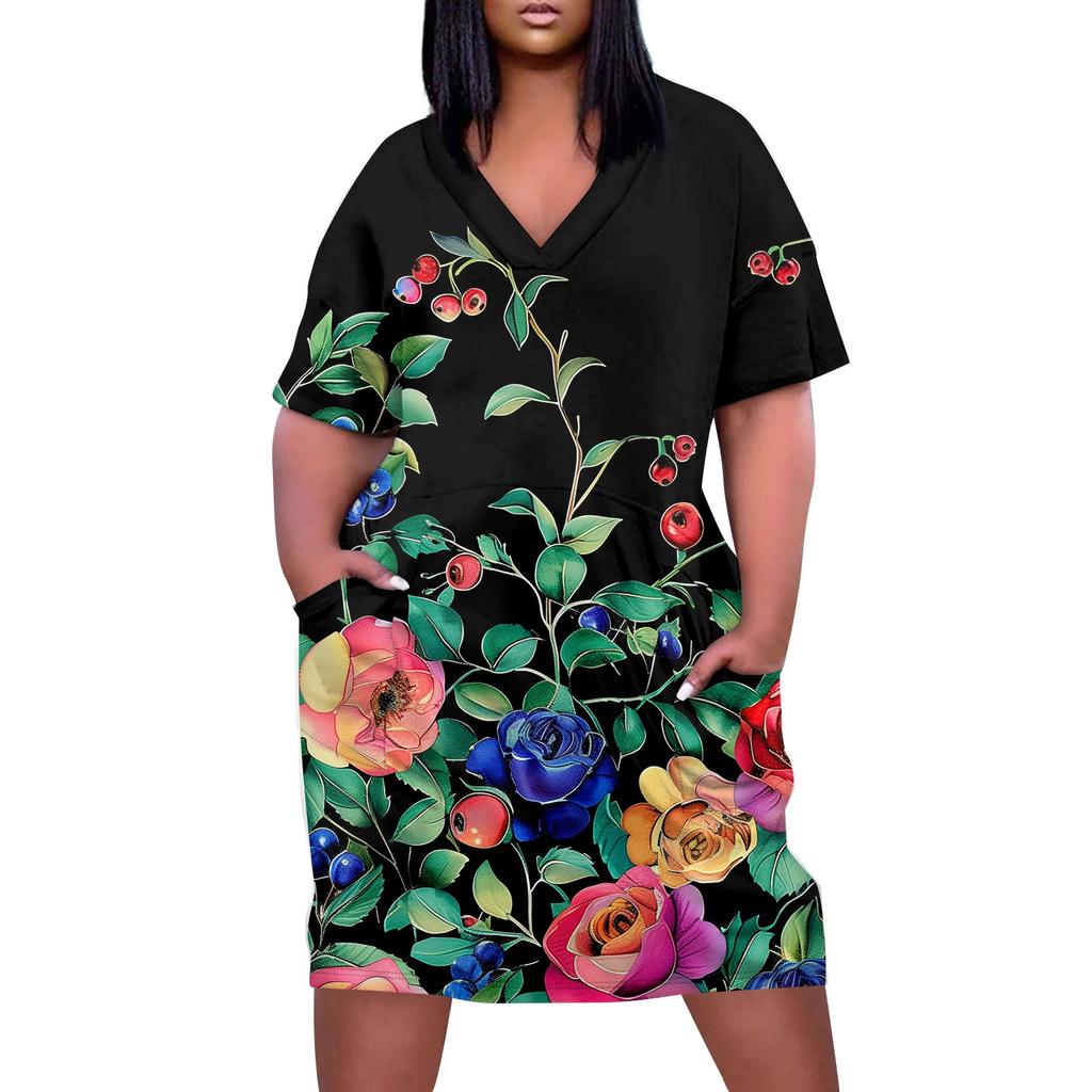 Большое платье, женское летнее платье с v-образным вырезом, платье с короткими рукавами и принтом, с карманами