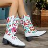 Autumn Winter Chunky Women's Riding Boots New Leather Flower Embroidered Pointed Toe Square Heel Shoes for Women Mid Calf Boots