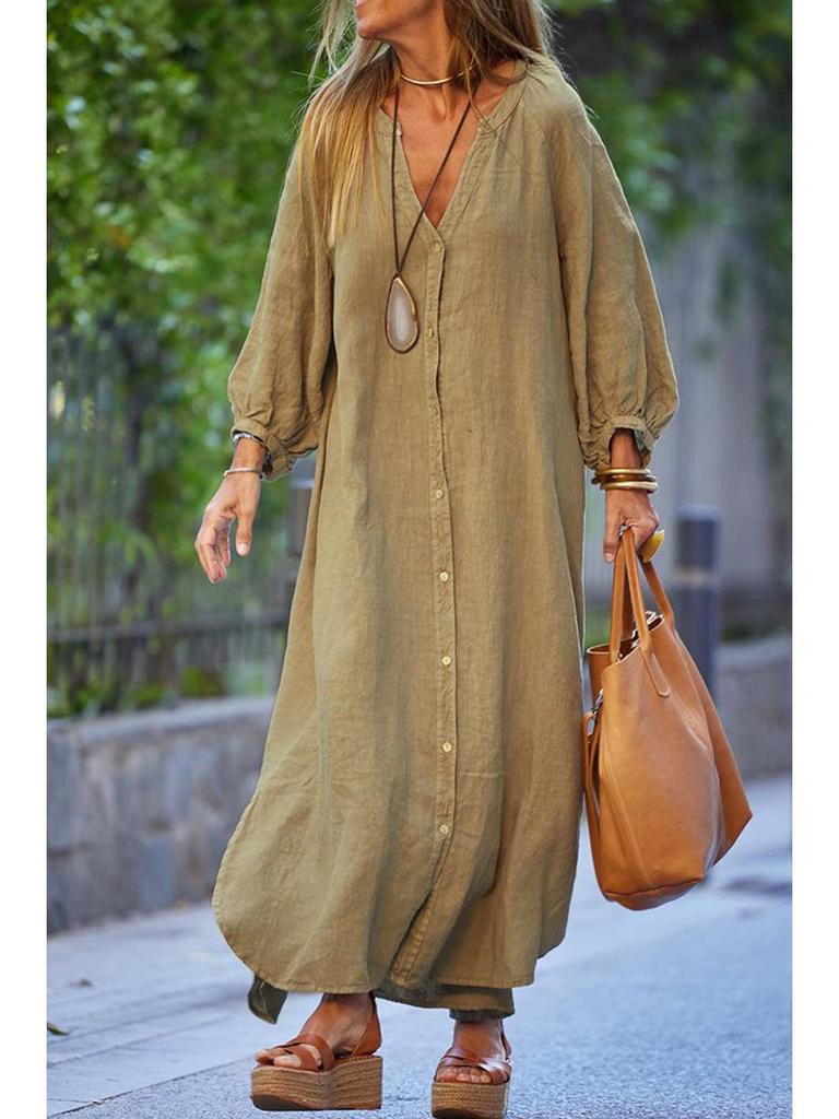 2025 Summer Women's V-neck Cotton Linen Dress: Casual European & American Vacation Style