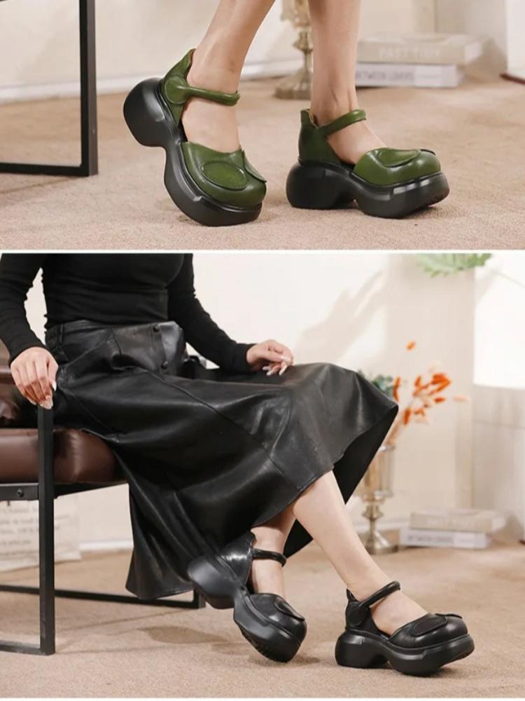 Johnature Сандалии Мэри Джейн с круглым носком на толстой подошве из натуральной кожи, удобная женская обувь