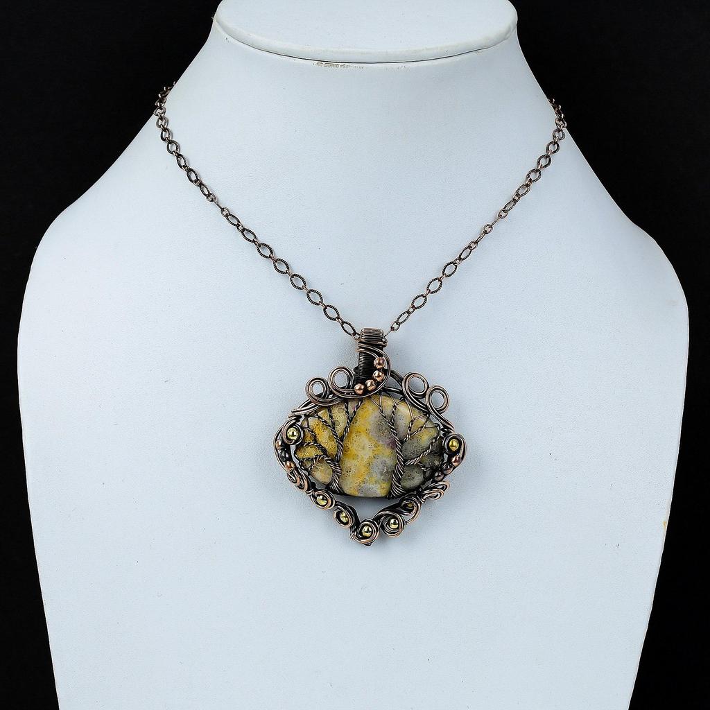 Unique Tree Of Life Fossil Coral Gemstone Pure Copper Wire Wrapped Handmade Pendant Jewelry
