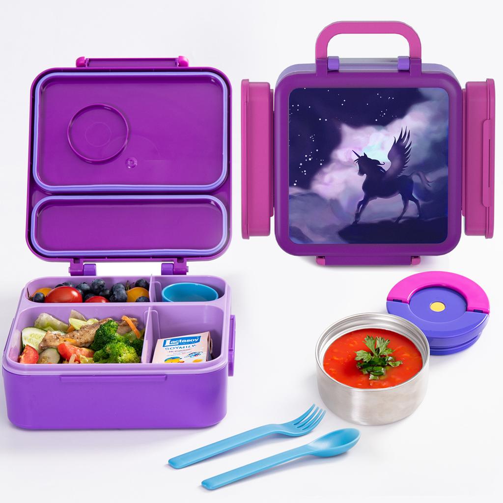 Lunchbox Kids School Portable Kids Lunch Box with Cutlery Cartoon Bento Box with Stainless Steel Soup Bowl Removable Divider