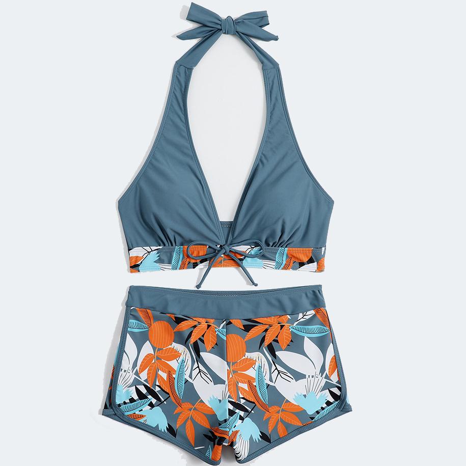 Сексуальные бикини женские летние из двух частей купальник с принтом женский пуш-ап Холтер с рюшами и запахом спереди купальный костюм с высокой талией