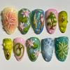 24PCS Colorful Almond with Green Lotus False Nails Sweet Koi Flowers Gradient French Press On Nails Glossy Charming Ins Nail Art