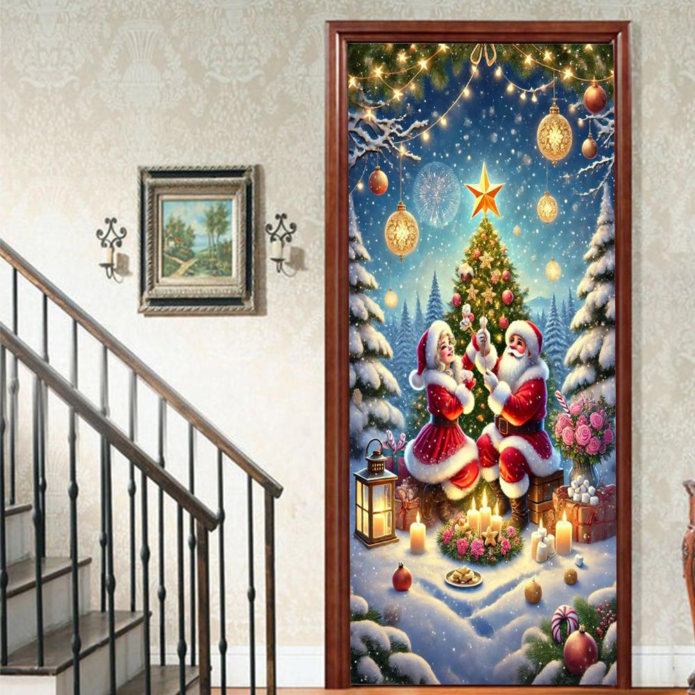 Рождественский Дед Мороз ПВХ Самоклеящаяся Водонепроницаемая Наклейка на Дверь Современная Имитация Фреска Обои Гостиная Кабинет Домашний Декор Искусство Постер на Дверь