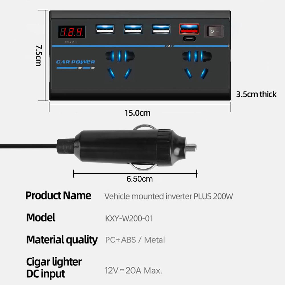 Адаптер питания 200 Вт Переключатель ВКЛ/ВЫКЛ 8 портов розеток Автоаксессуары QC 3.0 Автомобильный инвертор DC 12 В/24 В в AC 110 В/220 В Преобразователь Зарядные устройства USB/PD/Type-C
