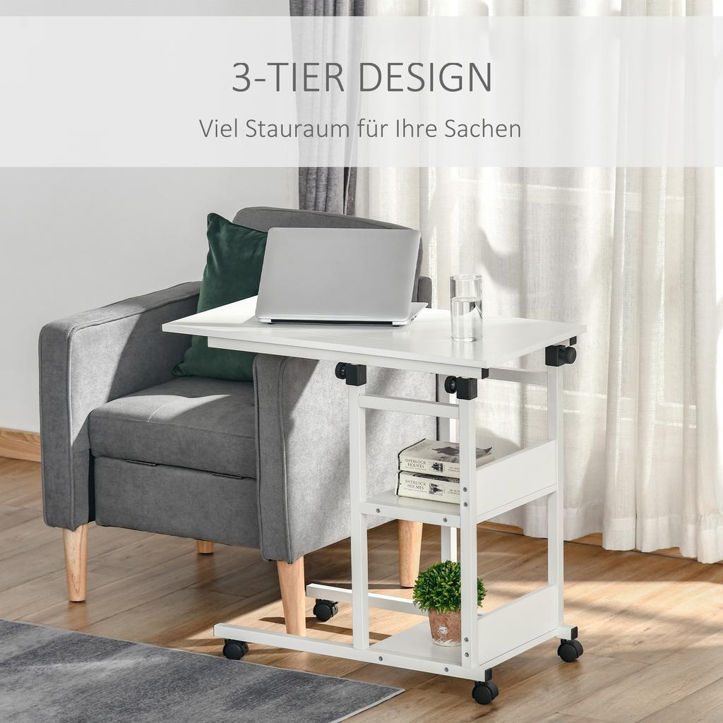 Side Table with Casters, Height-Adjustable, Compact, 2 Shelves, Metal Frame, 80x40x72-82 cm, White