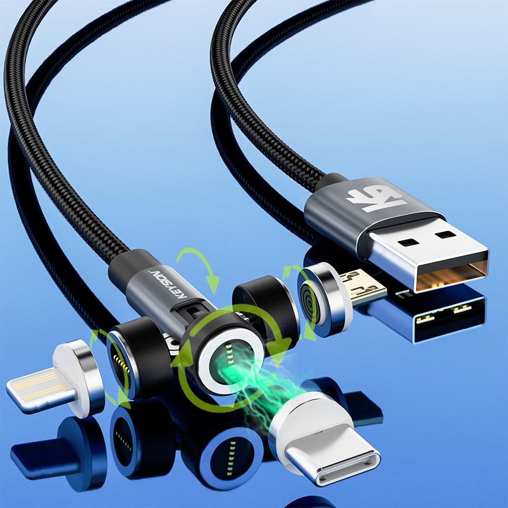 KEYSION Магнитный USB-кабель 5А, вращающийся игровой кабель, кабель для быстрой зарядки типа C, магнитное зарядное устройство для передачи данных, кабель Micro USB для мобильного телефона