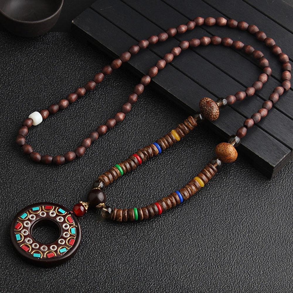 Men Handmade Nepal Horn Mala Buddhist Pendant Wood Beads Necklace Long Necklace