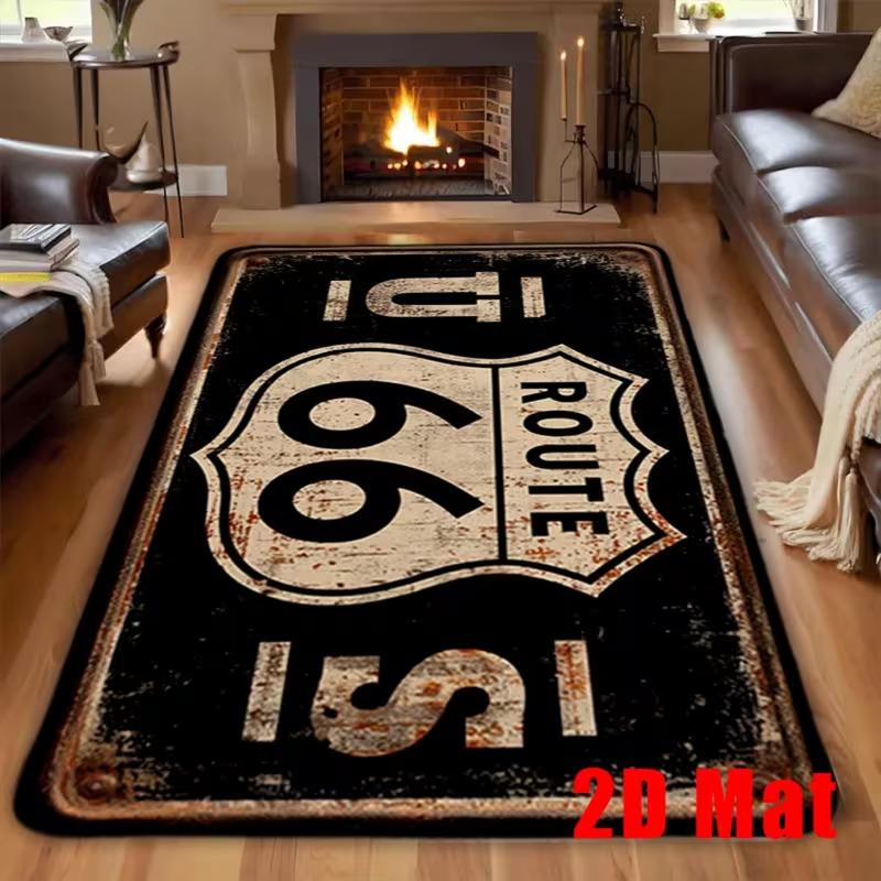 2D Mat Vintage Route 66 Flannel Bathroom Anti-Slip Mat Retro American Road Area Rug for Living Room Bedroom Kitchen Office Decor