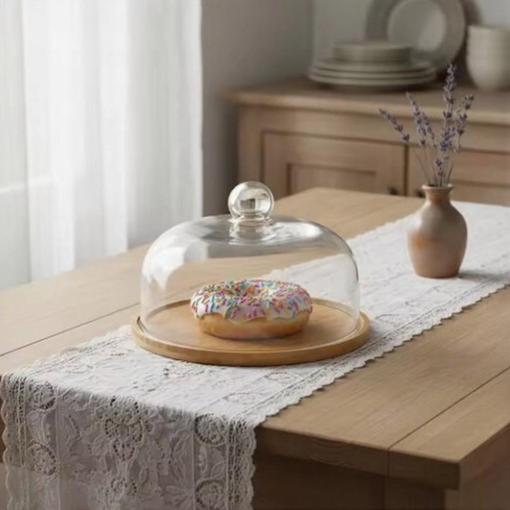 Подставка для выпечки Тарелка для торта с куполом Классический кухонный декор Элегантная подача еды Стеклянная прозрачная крышка Деревянное основание Материал