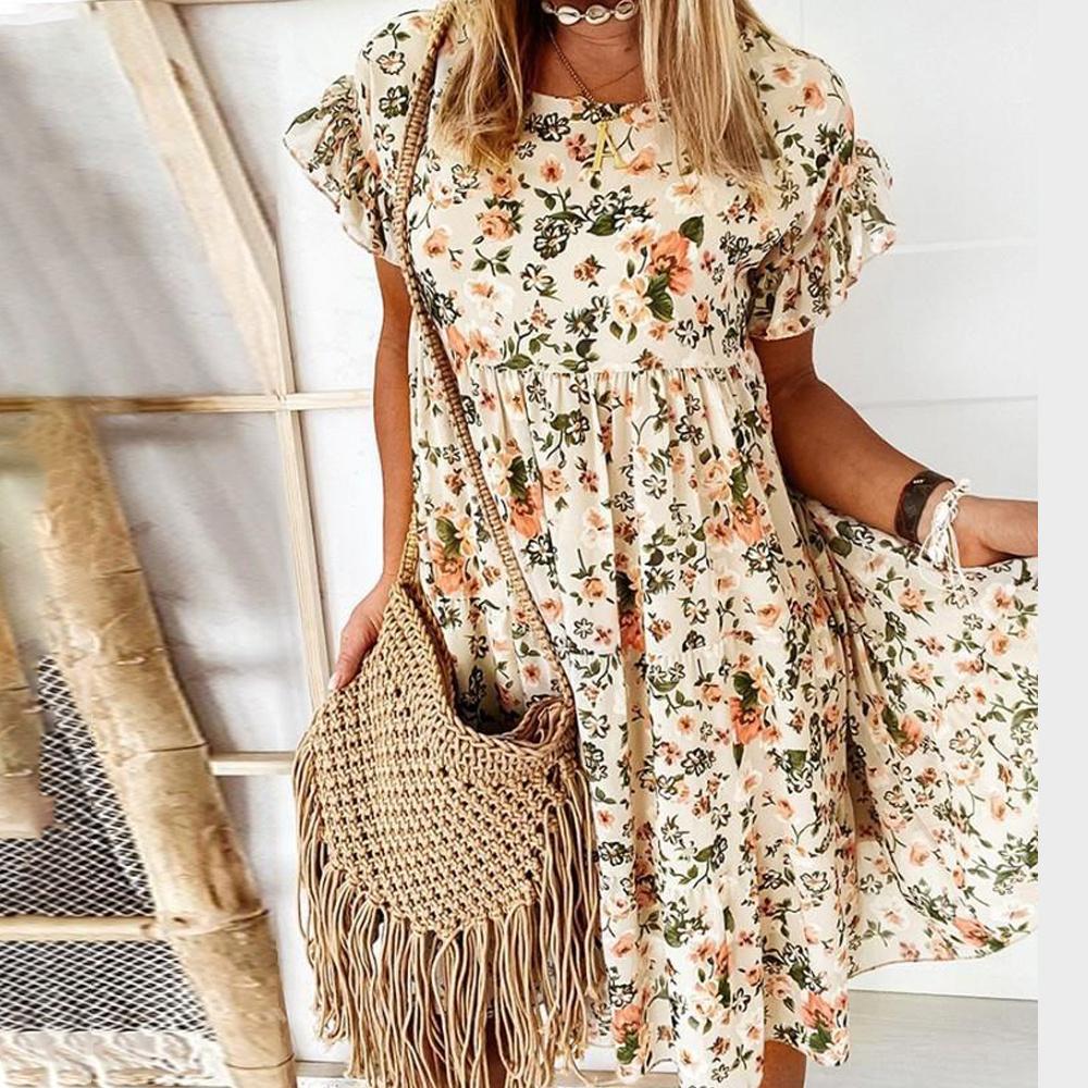 Short Sleeve Summer Dress Women Boho Floral Printed Sundress Beach Holiday Midi Dresses