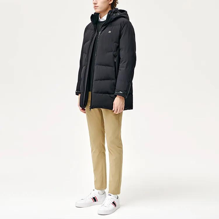 FILA Letter Hooded Mid Length Down Jacket Men's Jet Black (Unisex) Down Jackets F11M147902F BK