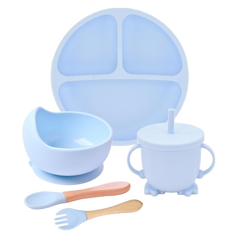 Силиконовый набор для кормления детей, 5 шт., силиконовая миска, обеденная тарелка, ложка, вилка, детская посуда, силиконовая посуда без BPA для детей