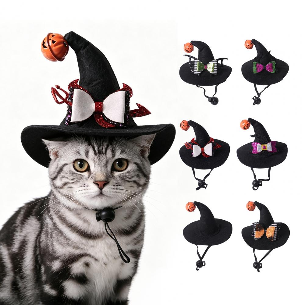 Small Dog Hat Halloween Cat Hat with Pumpkin Bell Sequined Bow Festive Pet Costume Small Dog Party Accessory for Halloween