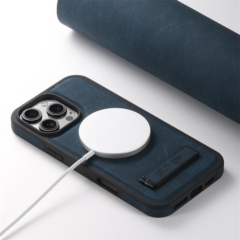 Роскошный чехол из ПУ-кожи с поддержкой MagSafe для iPhone 12 13 14 15 16 Pro Max Plus 15Plus С подставкой для беспроводной зарядки Задняя крышка
