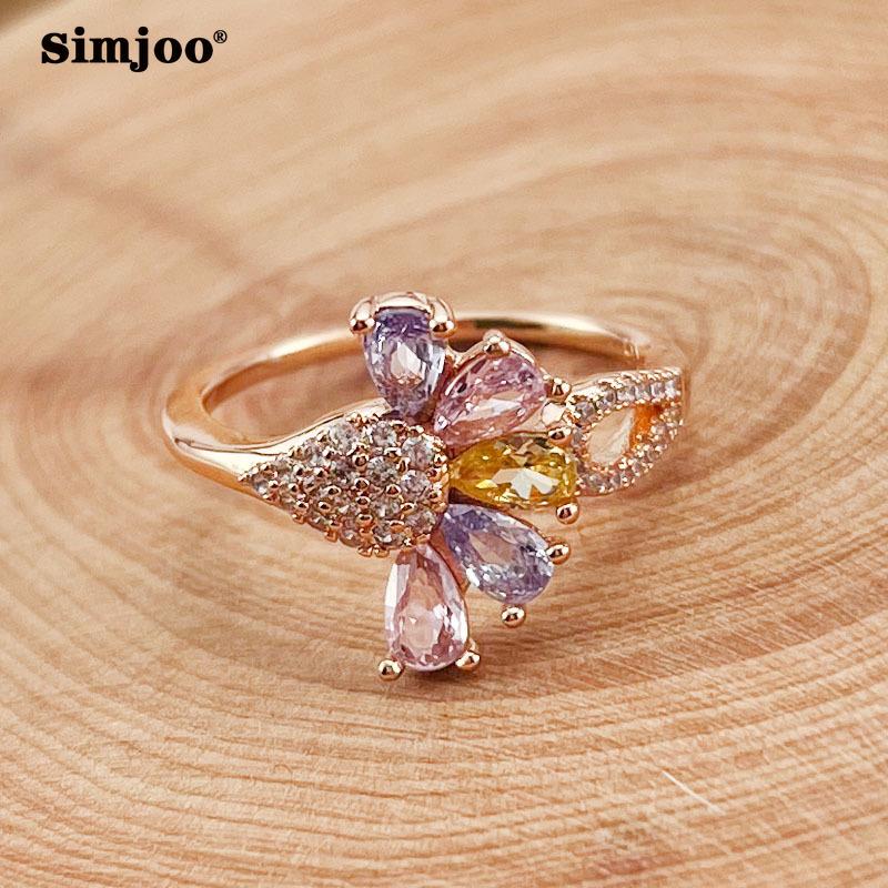 SIMJOO Кольцо из розового золота с женскими простыми лепестками, разноцветное кольцо с цирконом