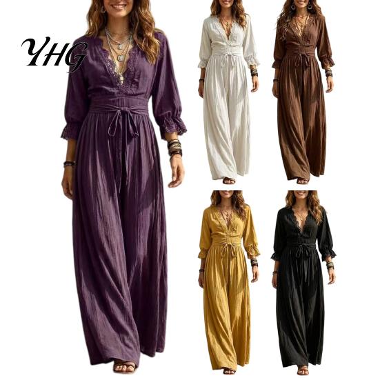 V Neck Lace Dress Women V-Neck for Fall, 3/4 Sleeves Maxi with Three Quarter Sleeve Belt, Solid Color Loose Casual Long Vacation Daily Wear Versatile