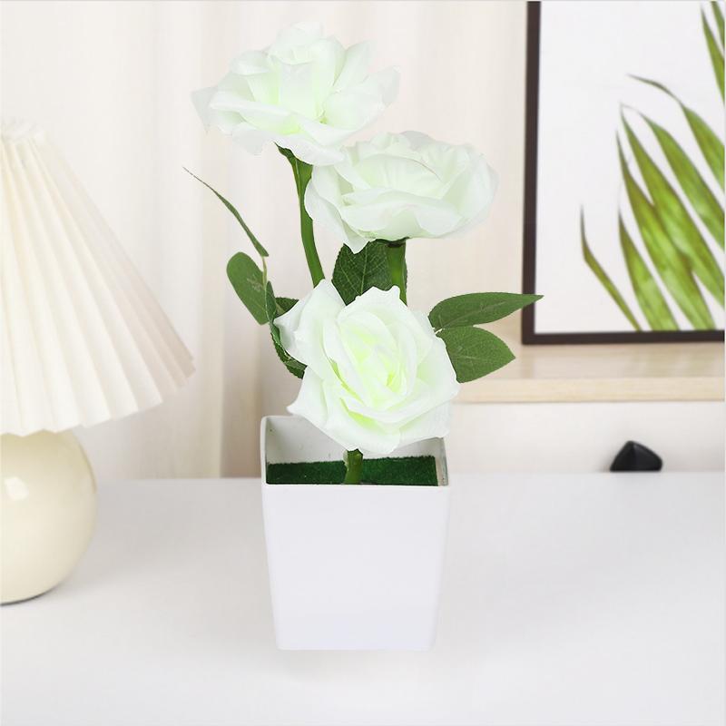 3 Head Artificial Rose Flower Bonsai Fake Plants Plastic Potted Plant Home Desktop Artificial Decor Living Room Ornament