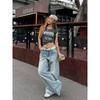 American Retro High Waist Loose Wide Leg Embroidery Pocket Denim Long Jeans