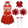 Kids Girls Shiny Cheerleading Costume Schoolgirls Dance Dress Uniform Complete Outfit with Pom Poms for Halloween Party
