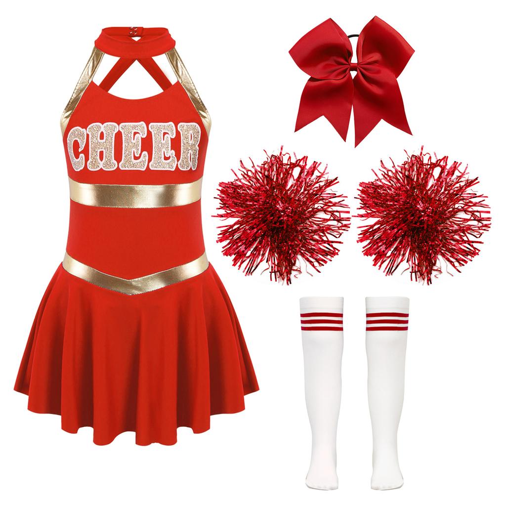 Kids Girls Shiny Cheerleading Costume Schoolgirls Dance Dress Uniform Complete Outfit with Pom Poms for Halloween Party