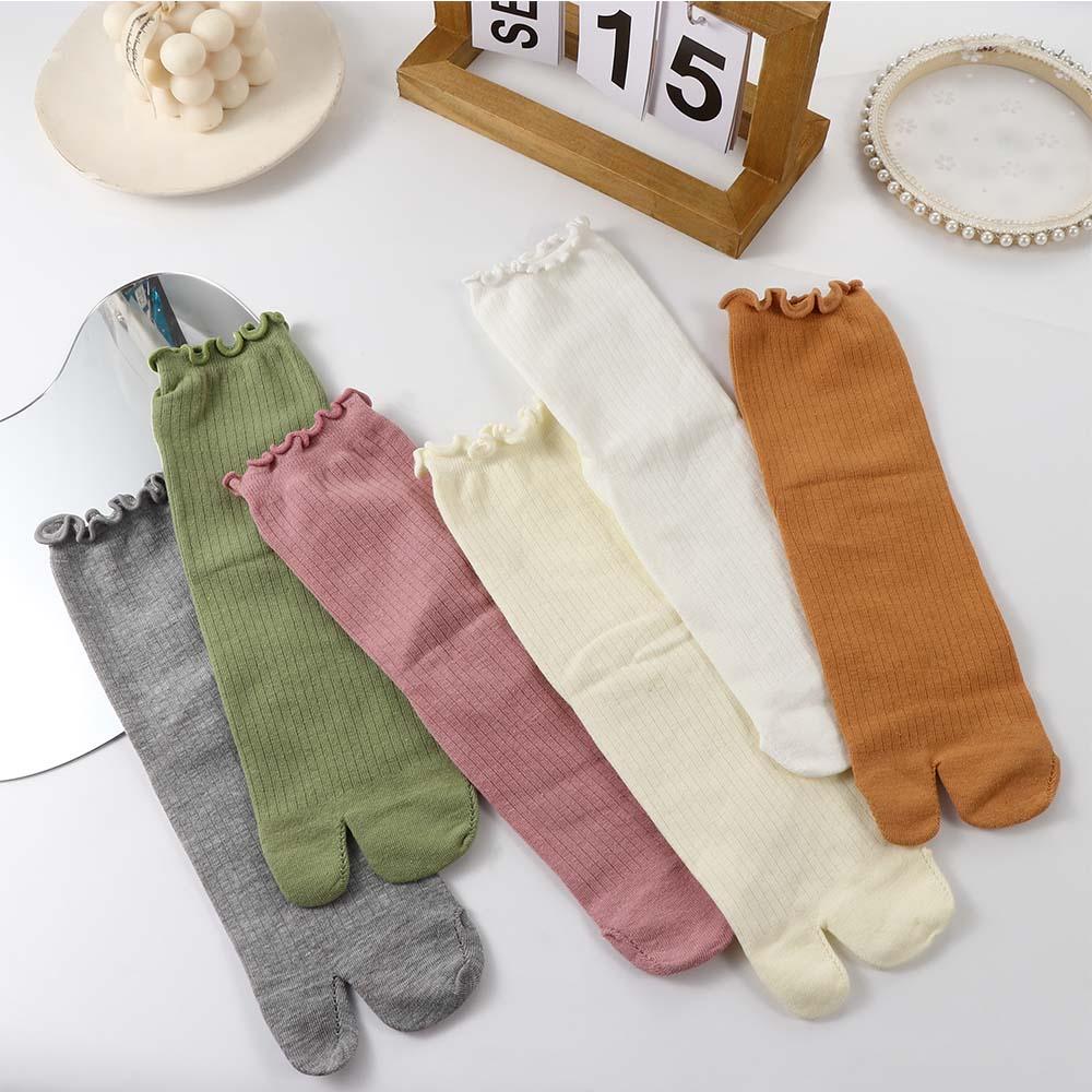 Candy Color Split Toe Cotton Ruffles Two Finger Socks Hosiery Two Toe Socks Middle Tube Socks