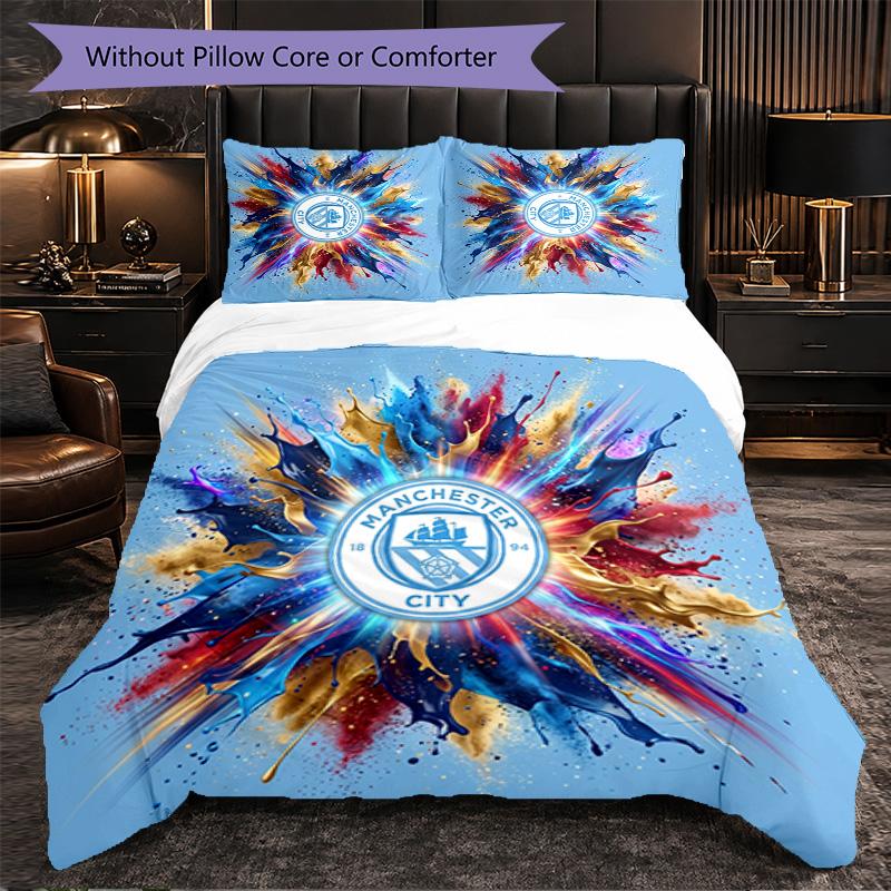Manchester City Pattern 3 Pieces Bedding Set Soft Microfiber Duvet Cover with Pillow Cases for Bedroom