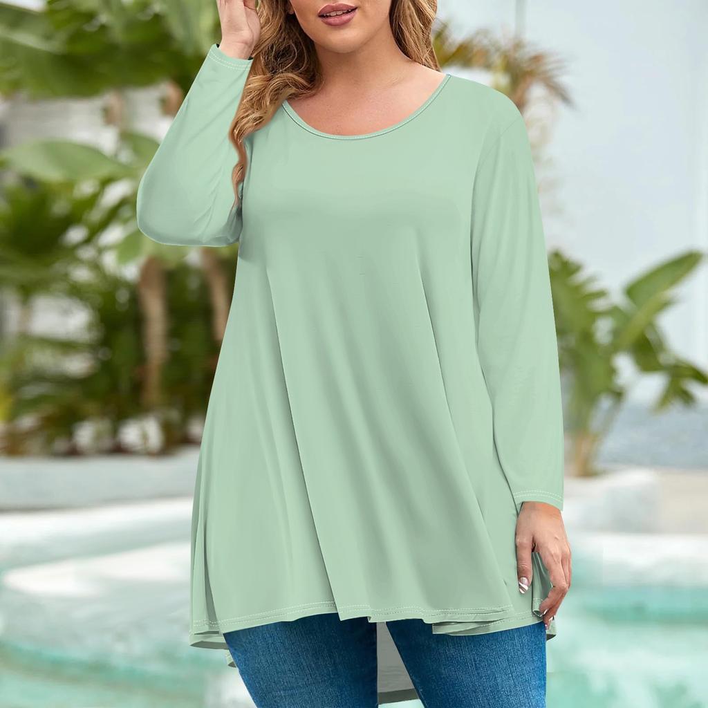 Women's Fashion Large Size Round Neck Long Sleeve Casual Solid Color Loose Pullover Top
