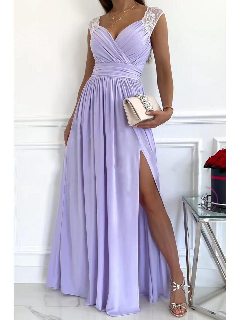 Women's Sleeveless Lace Dress with Open Back and Slit Hem