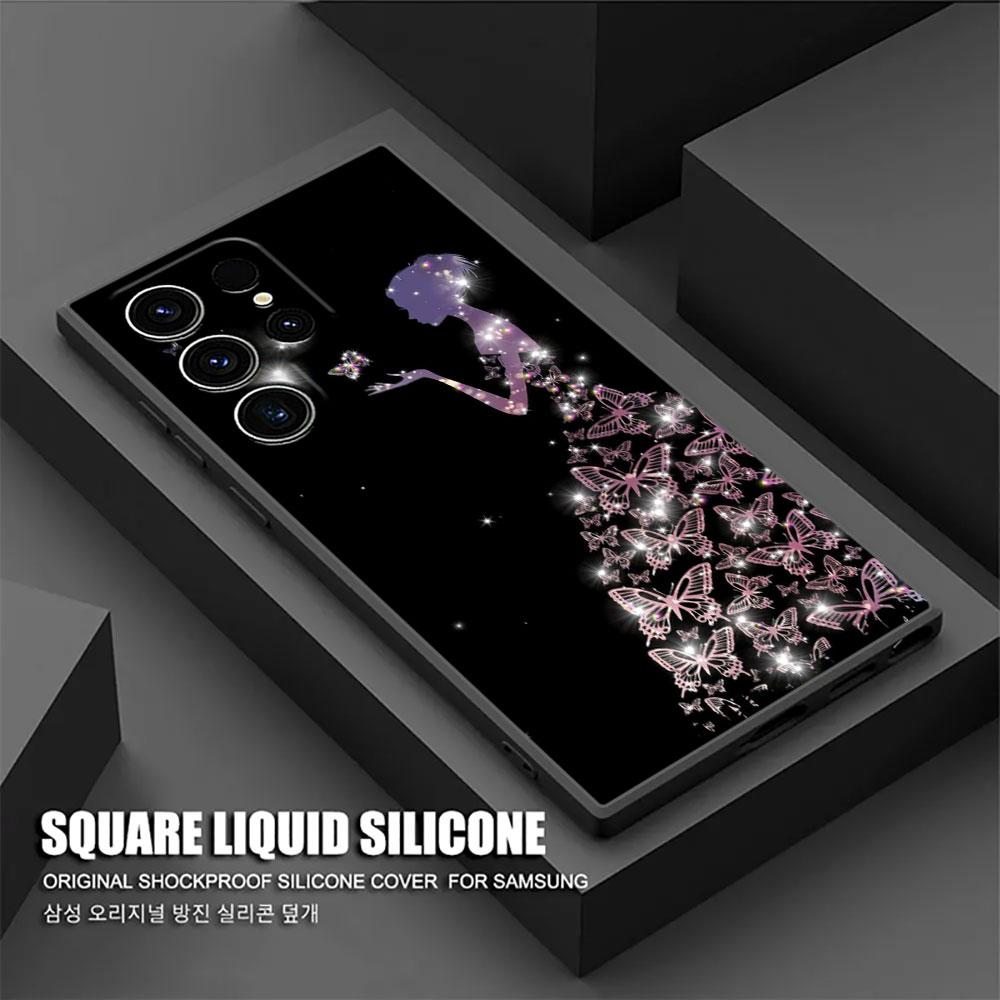 Phone Case For Samsung Galaxy S24 Ultra Cases S23 S21 S20 FE S22 9 S24 Plus Note 20 Ultra 10 Silicone Cover Butterfly Love Black