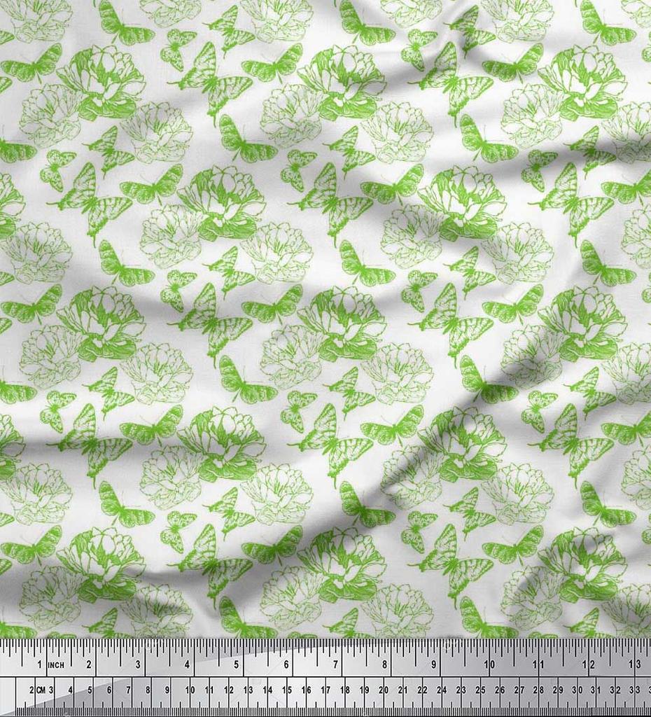 Soimoi Poly Crepe Fabric Butterfly & Peony Floral Printed Craft Fabric by the metre 42 Inch