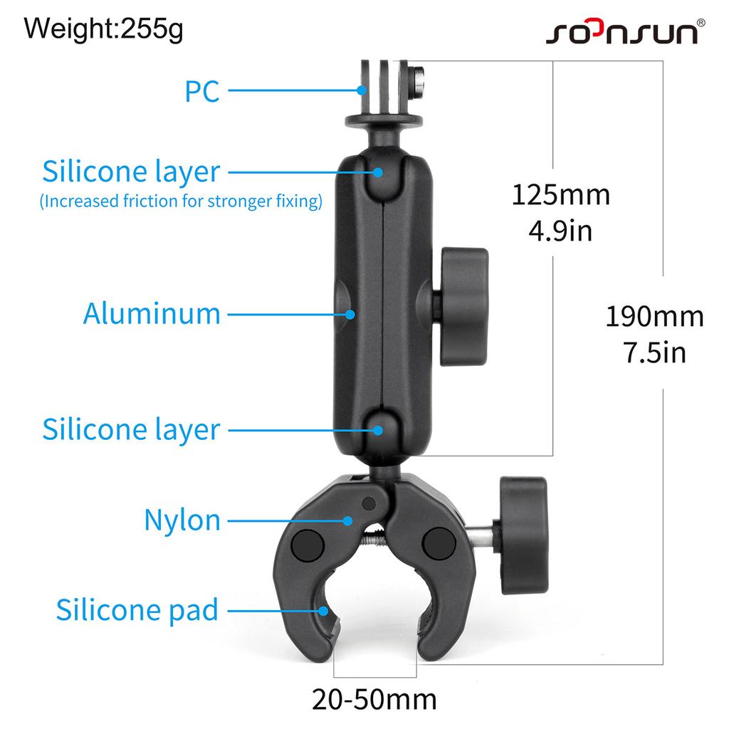 SOONSUN Motorcycle Bracket For GoPro Insta360 Akaso DJI Aciton Camera Mounting Tube Bicycle Mount 360° Ball Head Magic Arm Clamp
