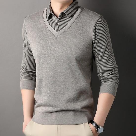 Мужской свитер, имитация двухсекционной рубашки и свитера, формальный деловой стиль, отложной воротник, длинные рукава, полосатый офисный топ на осень и весну