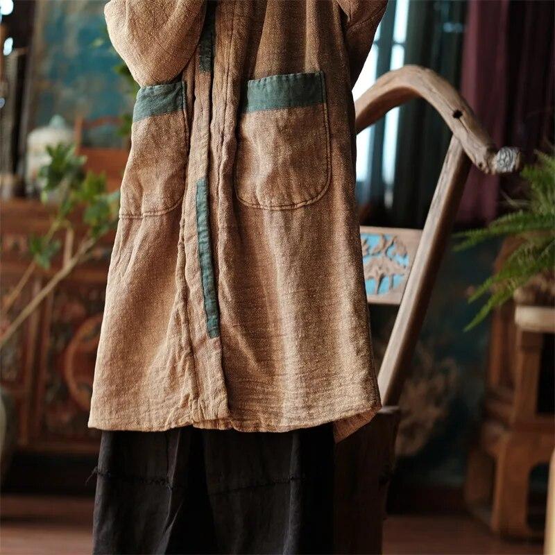 Johnature Women Vintage Coats Patchwork Color Pockets Winter Coats Chinese Style Warm Long Coats