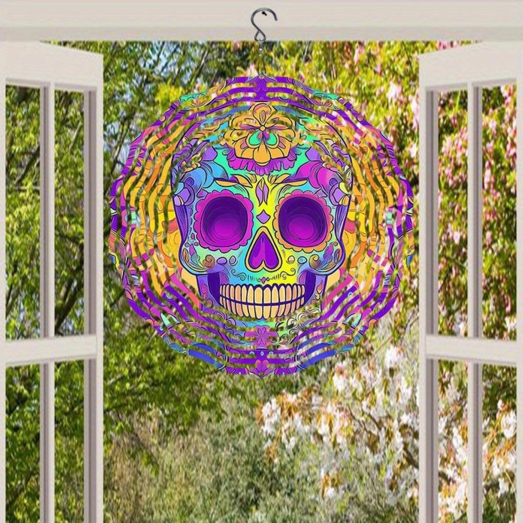 Purple Psychedelic Skull Metal Wind Chime Rotating Hook Colorful Striped Design for Indoor Outdoor Garden Halloween Party Decor Unique Gift Idea