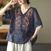 Summer Retro Artistic Embroidery Cotton Nd Linen Top for Women Loose Temperament Pullover Short Sleeved Shirt