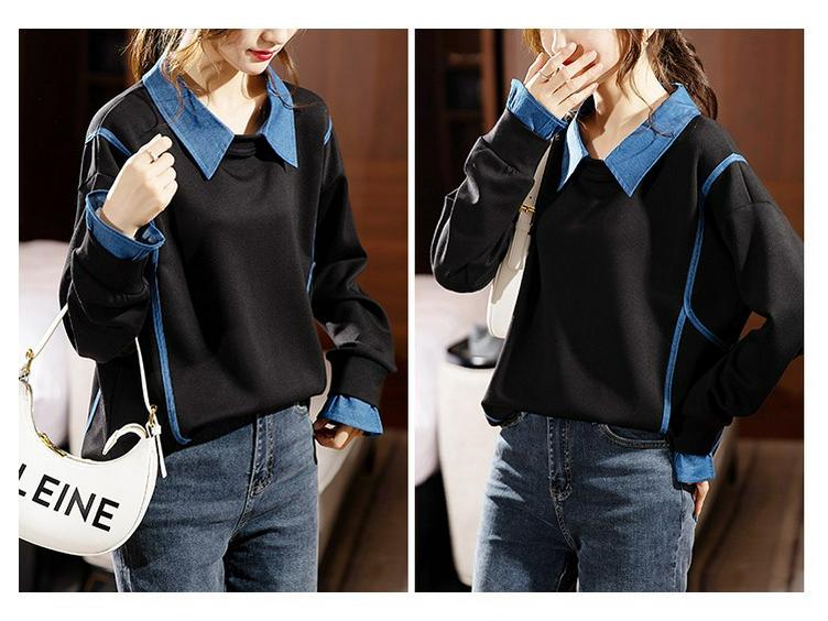 Женская толстовка без капюшона: Мода осень/зима 2023 года, свободный крой, модный длинный рукав, имитация двухкомпонентного костюма, большой размер.