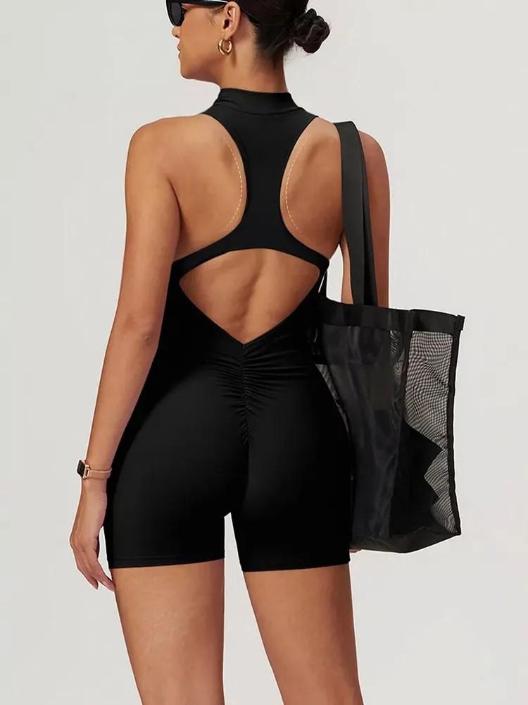 Спортивный комбинезон для йоги с открытой спиной, на молнии, телесного цвета, обтягивающий, фитнес-костюм