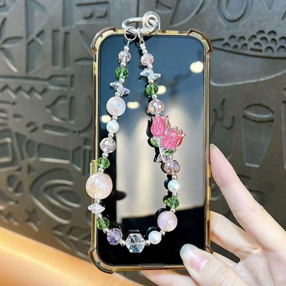 Pearl Cell Phone Chain Tulip Flower Mobile Phone Lanyard Crystal Bead Phone Strap New Year Gift