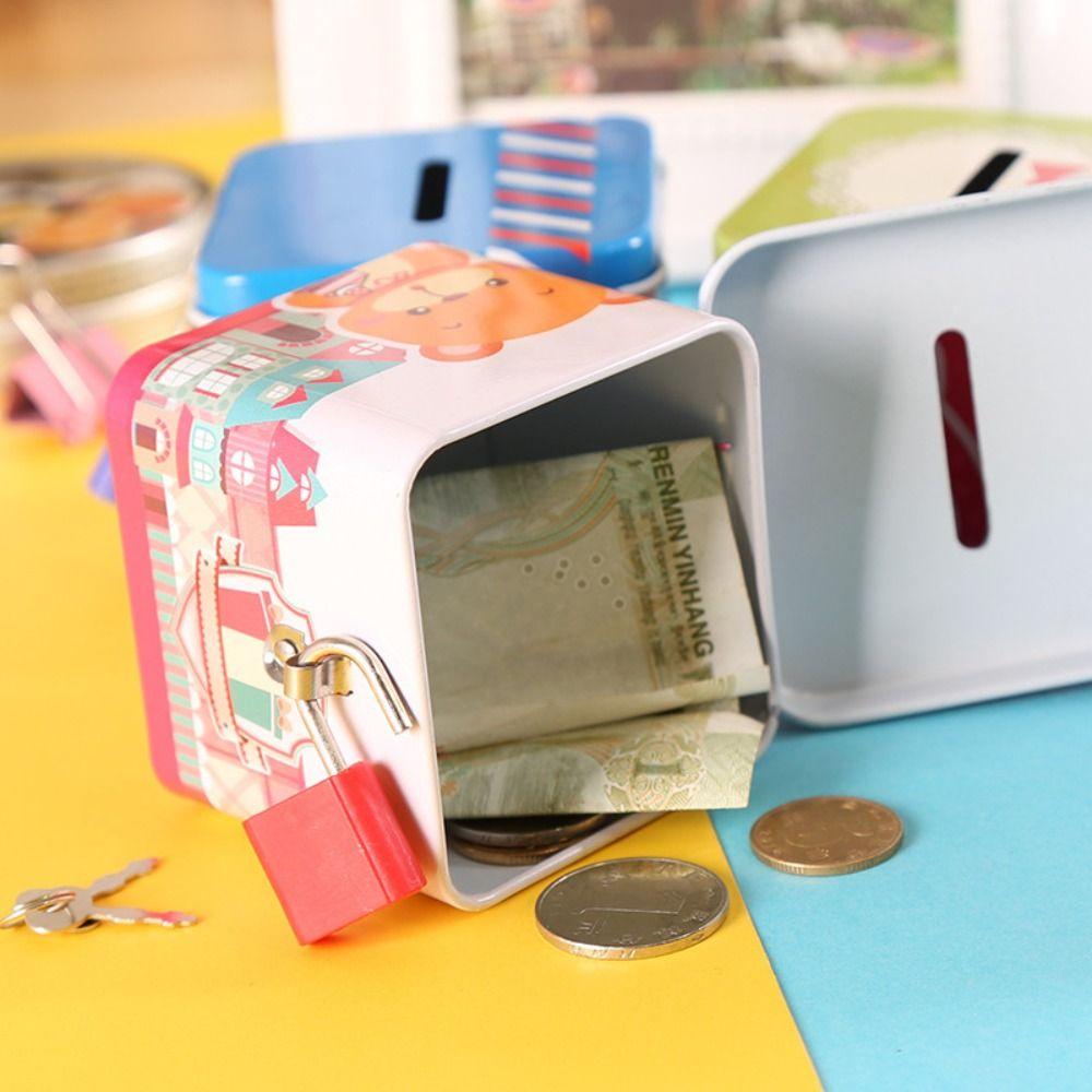 С замком Квадратная банка для мелочи Милая металлическая шкатулка для украшений Креативная мультяшная копилка Домашний декор