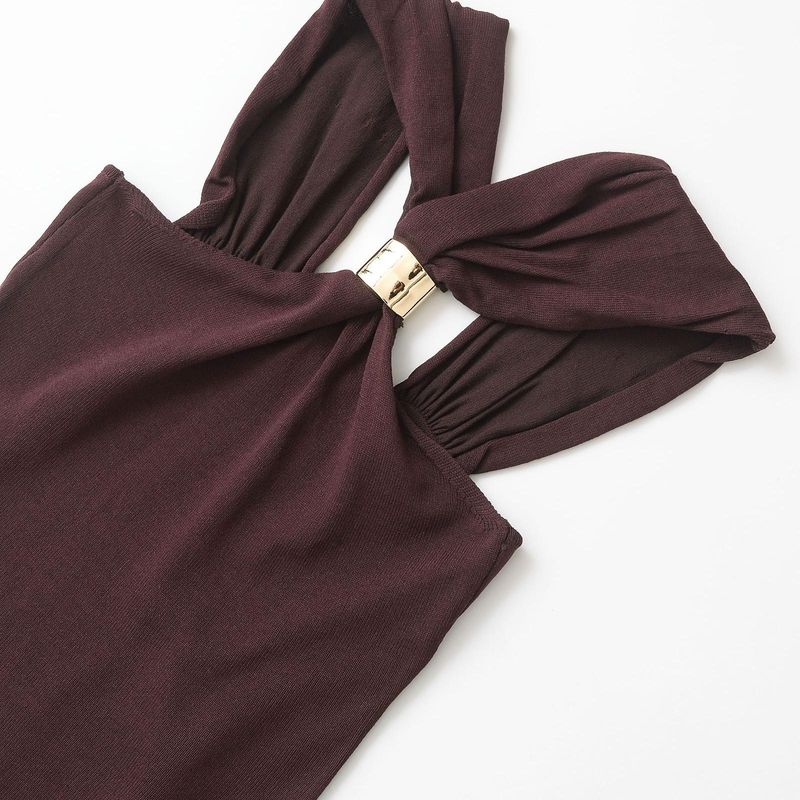 Kaslead New Arrival Women's Fashion Style Gold Inlaid Wide Shoulder Strap Hanging Collar Knitting Tops 4938116