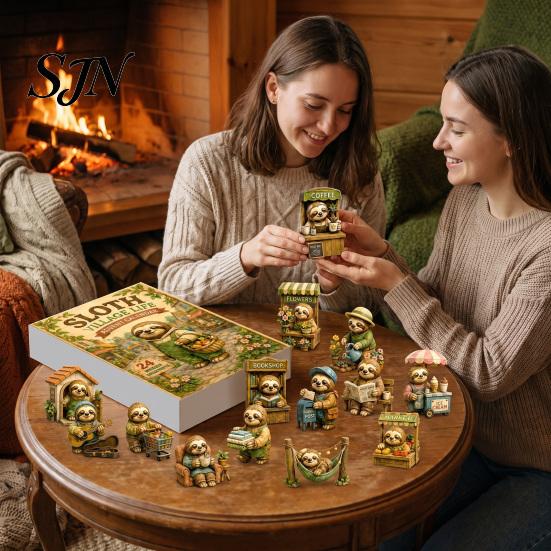 Unique Holiday Gifts Cute Sloth Advent Calendar, 24Pcs Acrylic 2D Ornament Set Christmas Countdown Calendar with Vintage Warm-Tone Designs,
