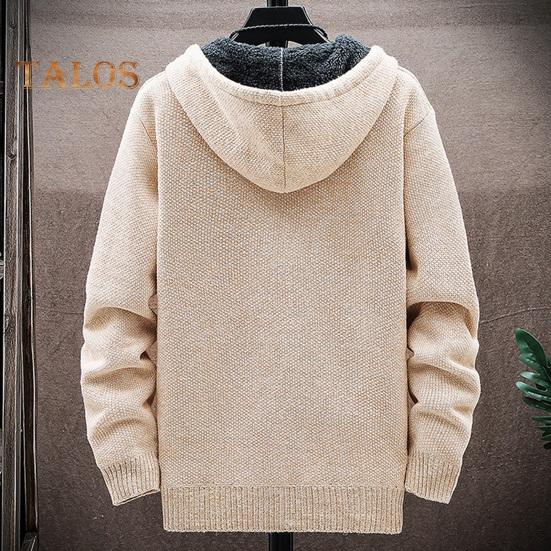 Winter Men Jacket Thickened Fleece Hooded Drawstring Zip-up Long Sleeves Sweater Coat Pockets Elastic Cuff Retro Knitted Daily Wear Outerwear Jacket